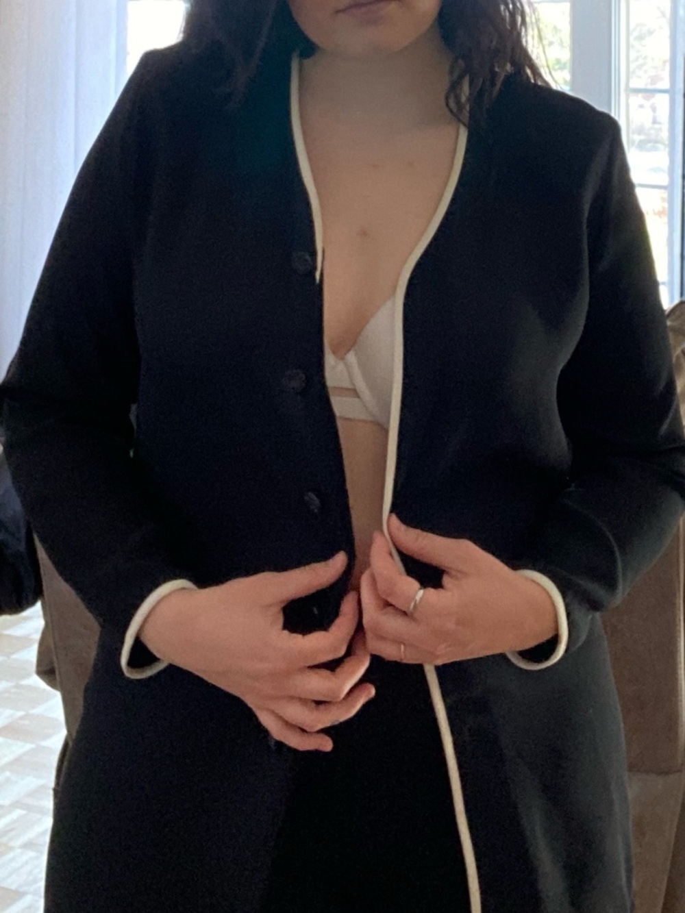 Women's Black Blazer Jacket with Cream Contrast Trim
